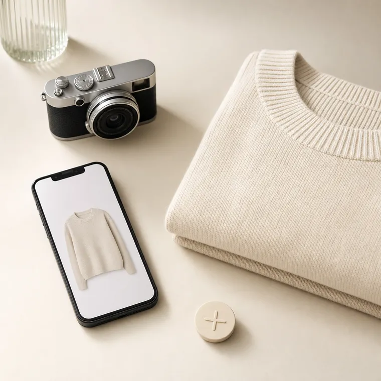 Photorealistic image of a phone, camera and folded sweater for adding clothes