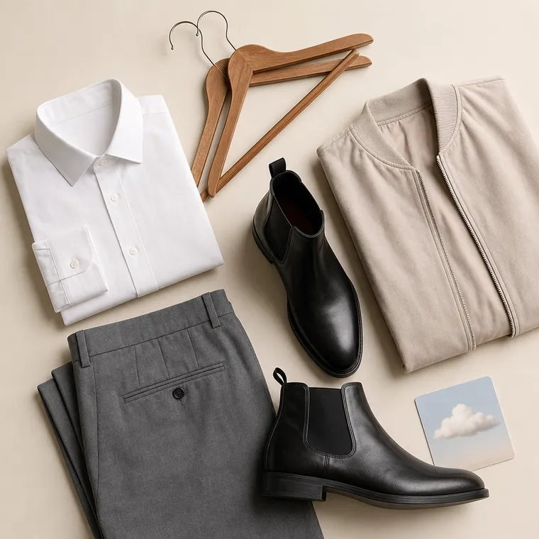 Photorealistic image of an outfit set: shirt, trousers, shoes, jacket and hangers